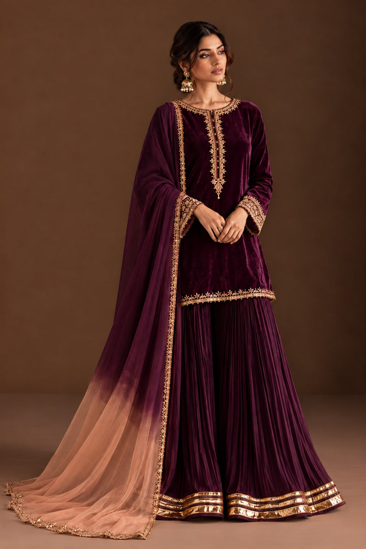 Wine Ombré – 3 Piece Velvet Shirt with Crushed Sharara (RS0133) view 1 view 1