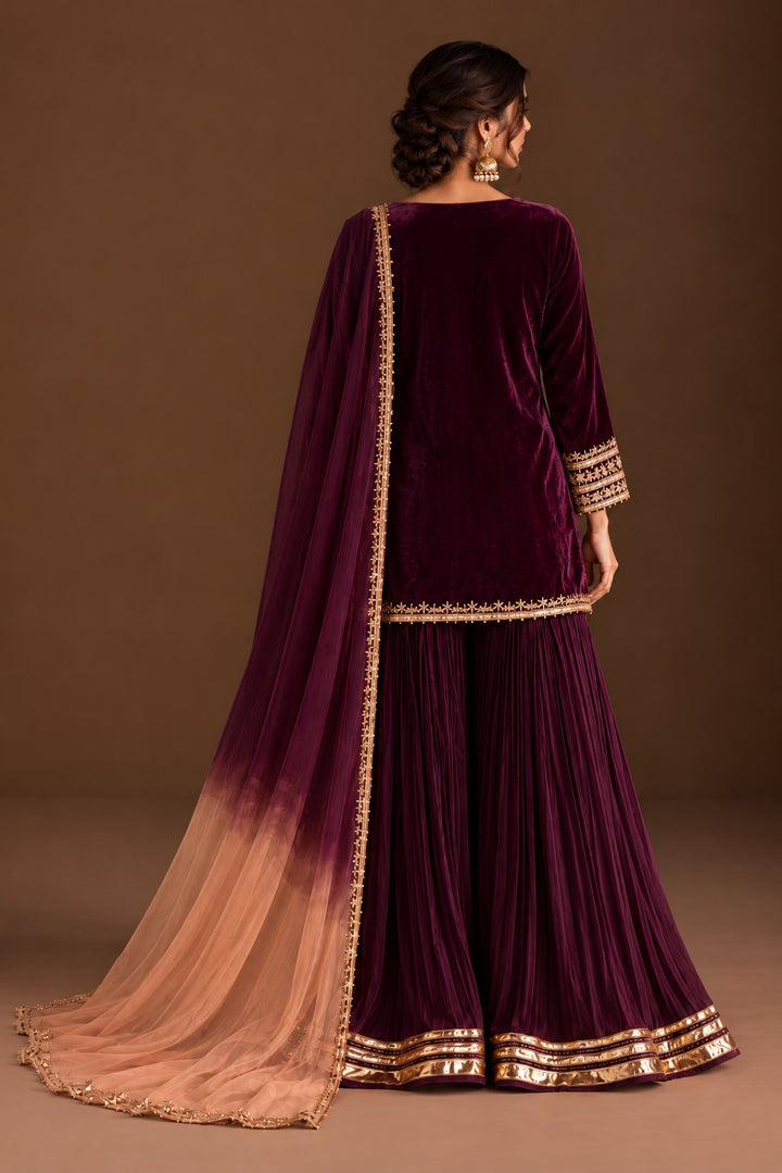 Wine Ombré – 3 Piece Velvet Shirt with Crushed Sharara (RS0133) view 2 view 2