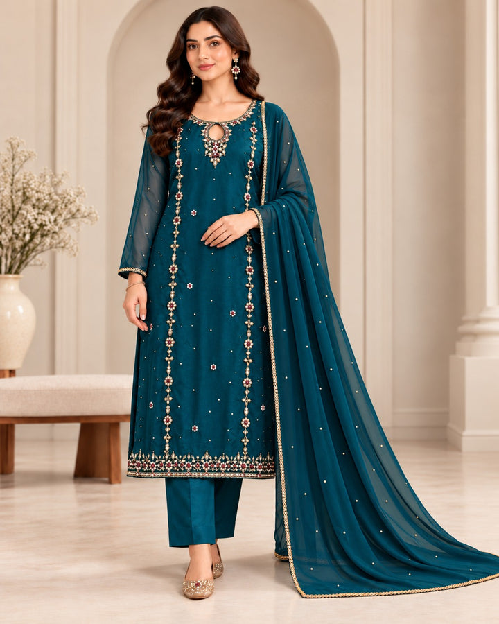 Ocean Pearl – 3 Piece Embellished Raw Silk Suit (RS0135) view 1 view 1