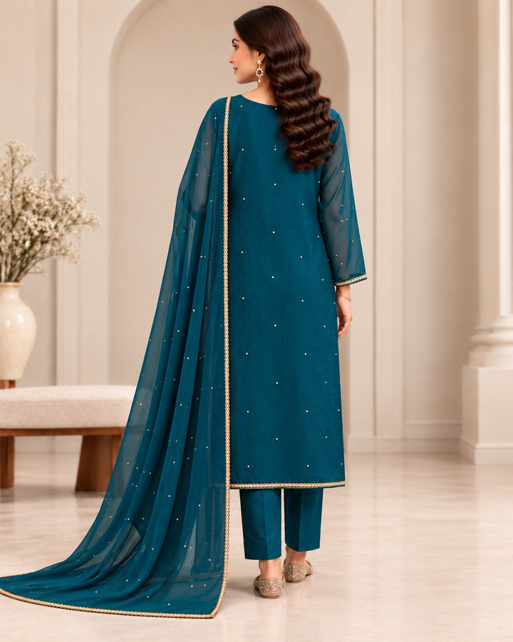 Ocean Pearl – 3 Piece Embellished Raw Silk Suit (RS0135) view 2 view 2